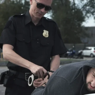 Police officer is arresting a criminal and reading Miranda rights to him