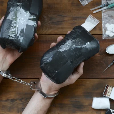 shutterstock_1745734286 Drug dealer arrested with narcotics on table.