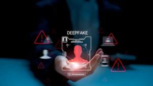 Digital warning about deepfake identity theft and cyber threats.