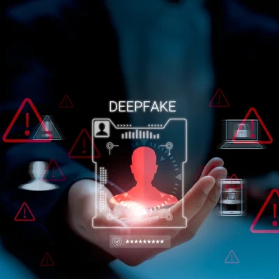 shutterstock_2660121955 Digital warning about deepfake identity theft and cyber threats.
